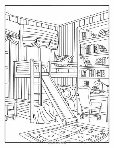 Coloriage de chambre pour enfants : Chambre avec lits superposés, toboggan, décoration arc-en-ciel, bureau et fenêtre