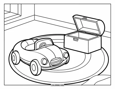 Coloriage de chambre pour enfants : Chambre calme avec tapis, voiture jouet et coffre à jouets ouvert