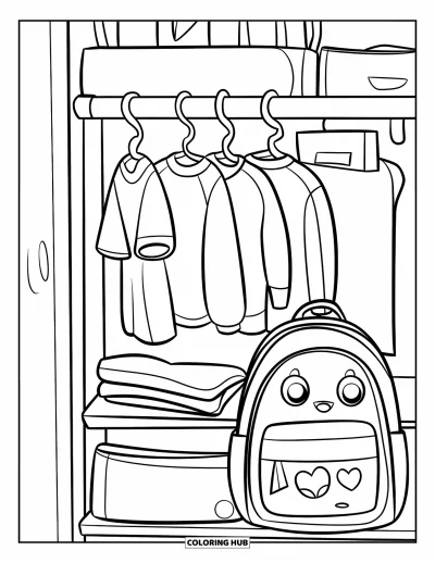 Coloriage de chambre pour enfants : Armoire avec chemises suspendues et sac à dos