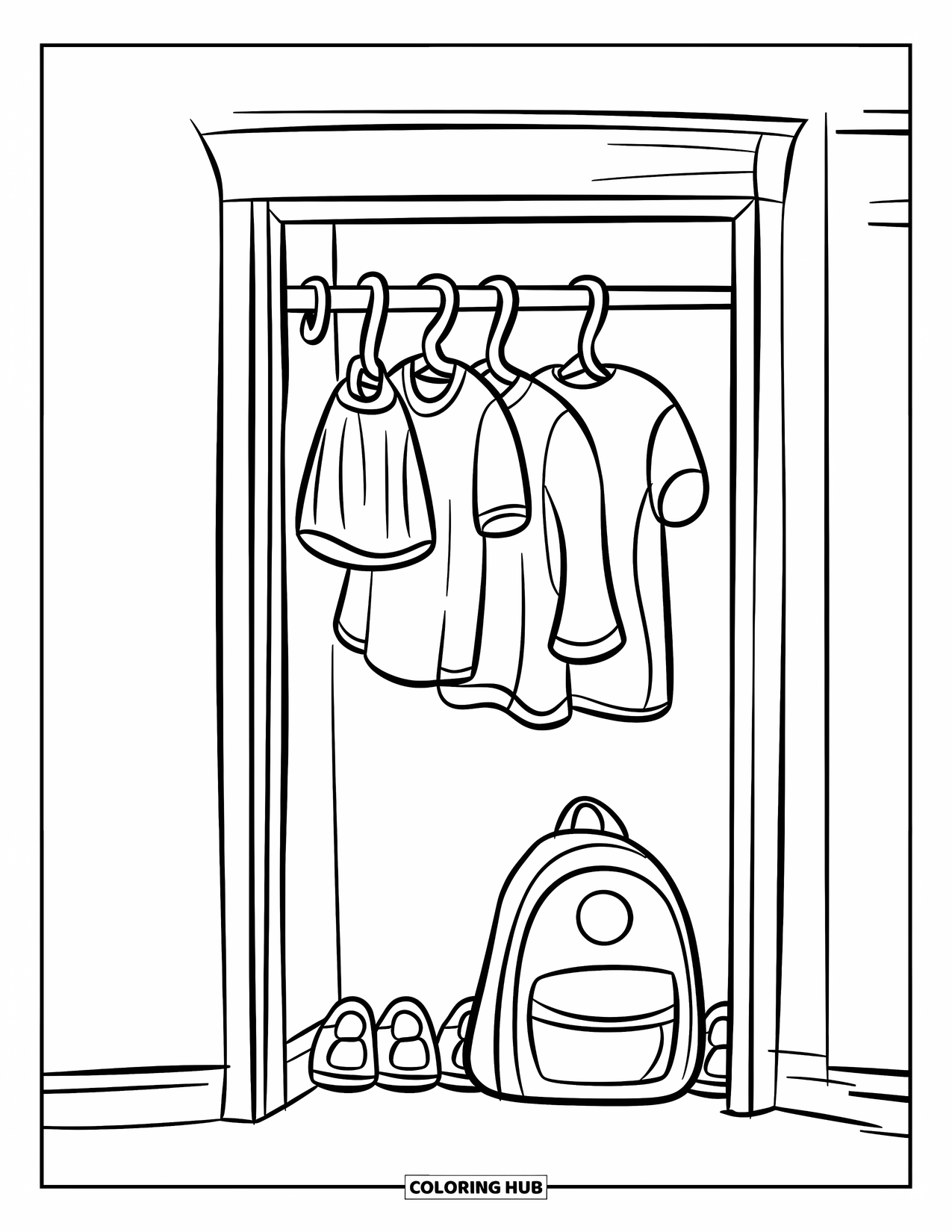 Room Coloring Page for Kids: Closet with shirts, shoes, backpack, and a door