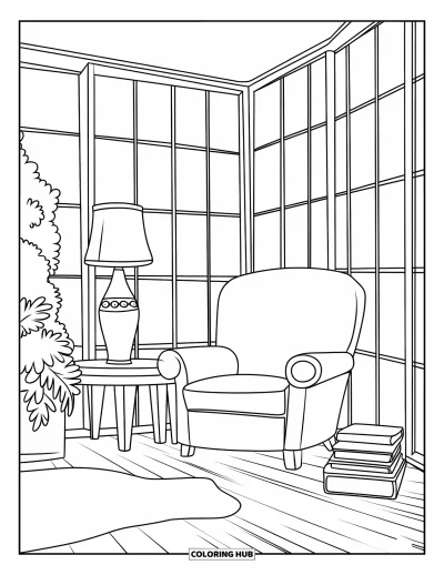 Coloriage de chambre pour enfants : Fauteuil confortable, livres, lampe et paroi vitrée couverte de verdure