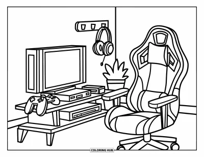 Coloriage de chambre pour enfants : Console de jeux avec fauteuil gamer, casque audio, télévision et petite plante