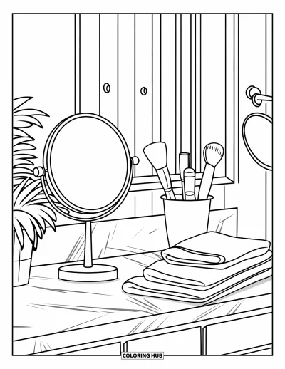 Coloriage de chambre pour enfants : Plan de travail avec miroir, brosses, plante en pot et quelques produits de beauté