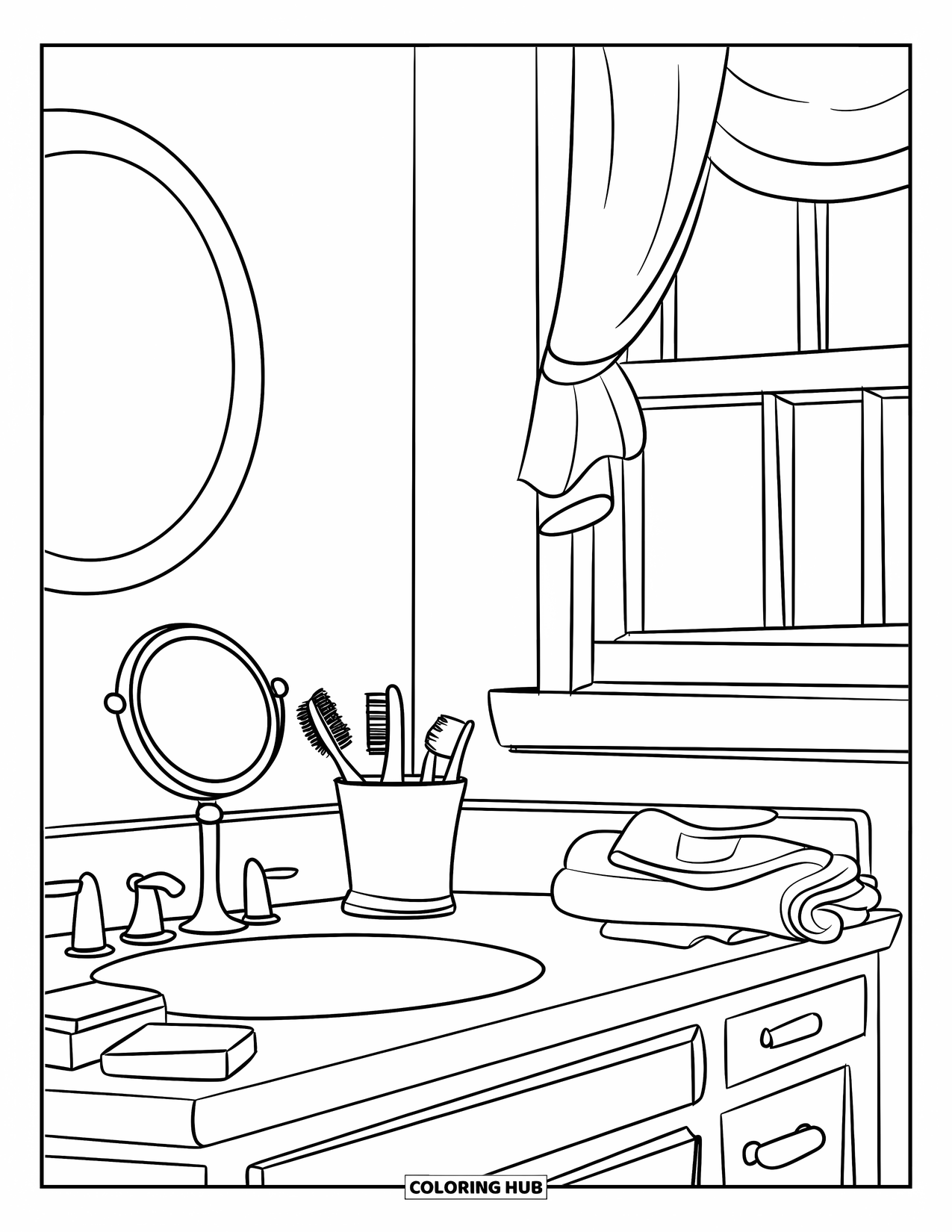 Room Coloring Page for Kids: Countertop with mirror, brushes, soap bars, and a curtain by the window