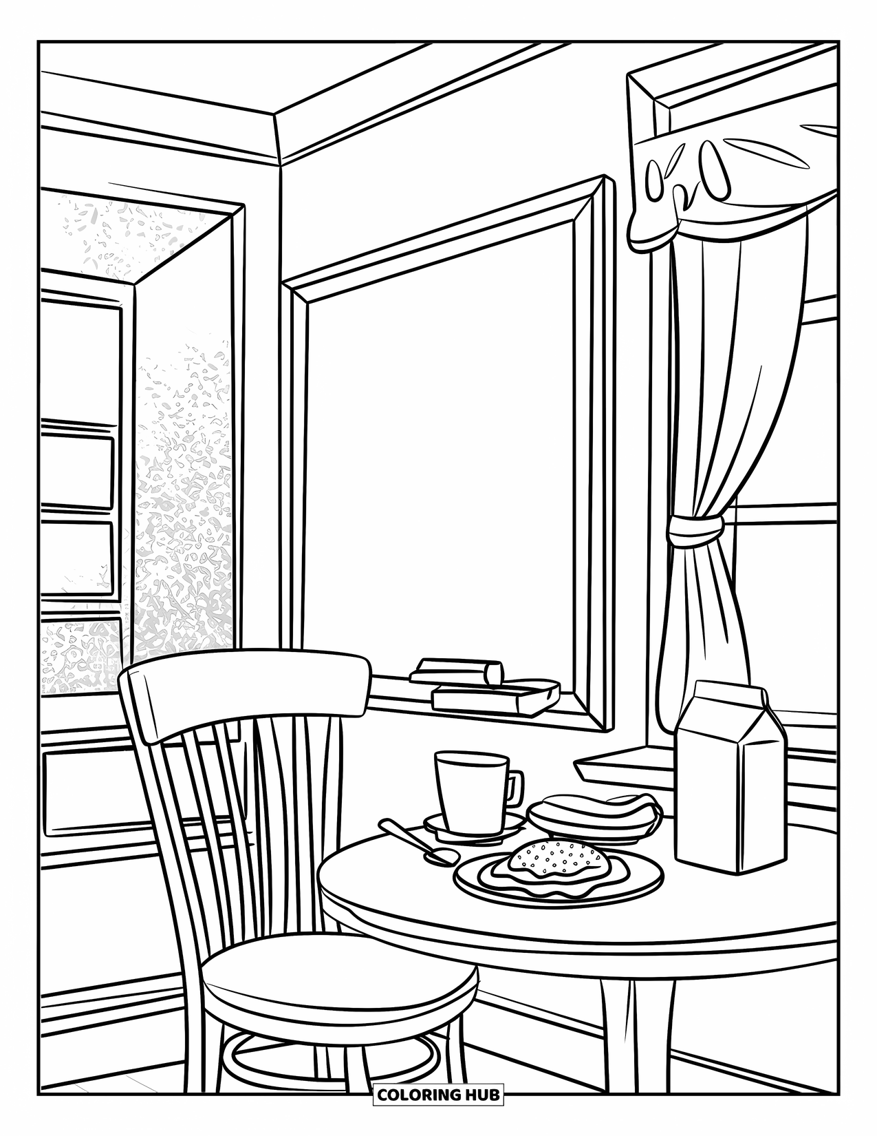 Room Coloring Page for Kids: Cozy nook with pancake plate, milk carton, mug, and a curtain window