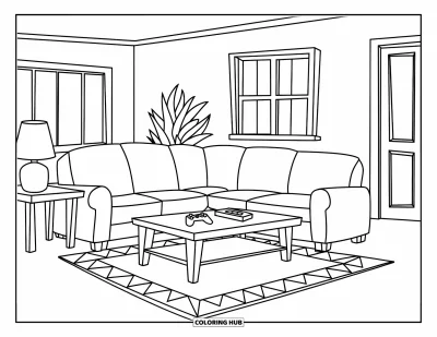 Coloriage de chambre pour enfants : Pièce sympa avec canapé, manette de jeu, lampe, plante, porte et fenêtre