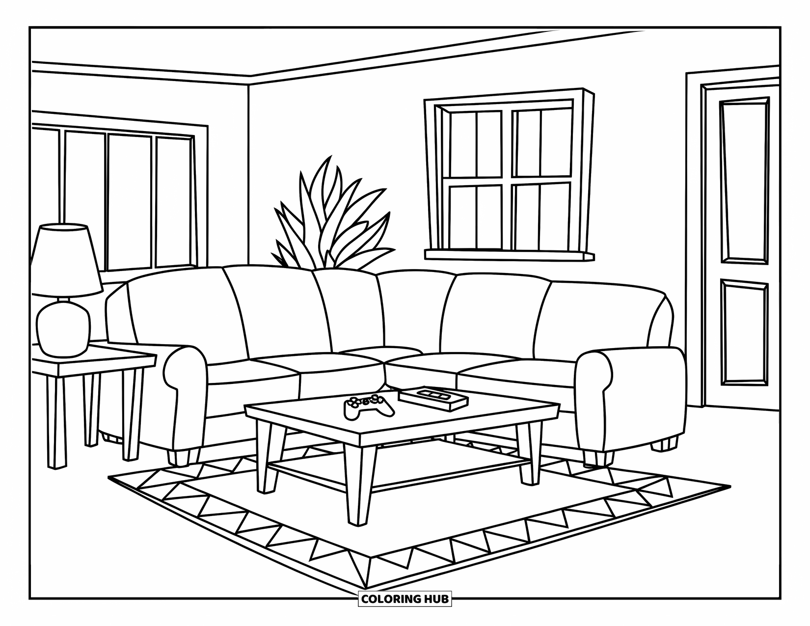 Room Coloring Page for Kids: Cozy room with couch, game controller, lamp, plant, door, and window