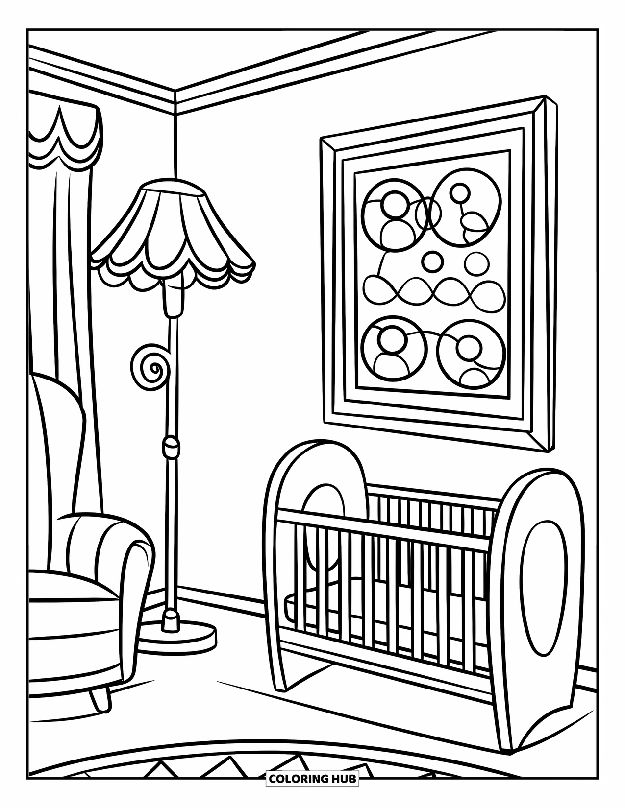 Room Coloring Page for Kids: Cozy room with crib, curly lamp, chair, and framed design