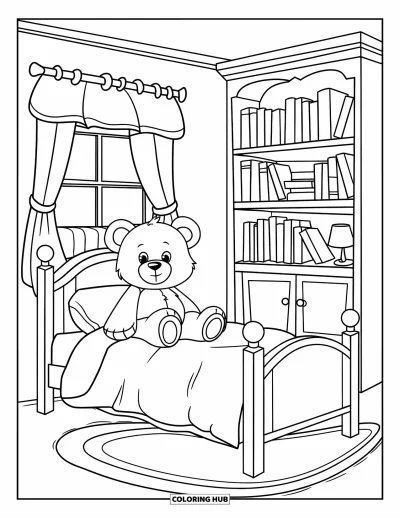 Coloriage de chambre pour enfants : Chambre douillette avec ours en peluche, lit, tapis, bibliothèque, lampe et fenêtre à rideaux
