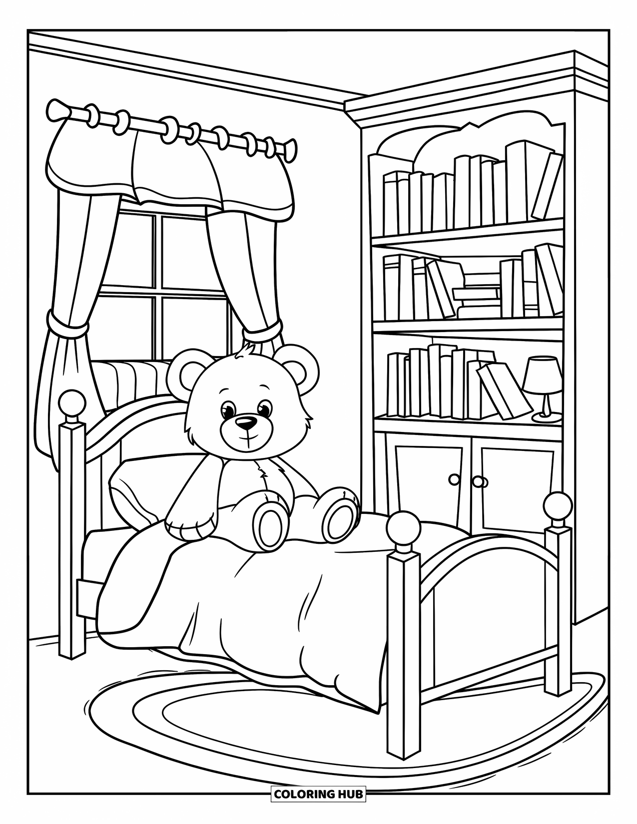 Room Coloring Page for Kids: Cozy room with teddy bear, bed, rug, bookshelf, lamp, and curtained window