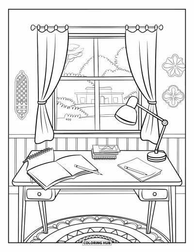 Coloriage de chambre pour enfants : Bureau avec lampe, tapis, fenêtre à rideaux et vue sur des arbres