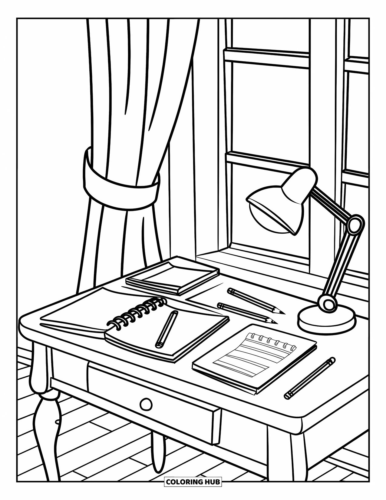Room Coloring Page for Kids: Desk with open notebooks, pencils, lamp, and a curtained window