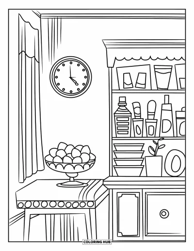 Coloriage de chambre pour enfants : Coin repas avec objets sur étagère, horloge murale et coupe de fruits