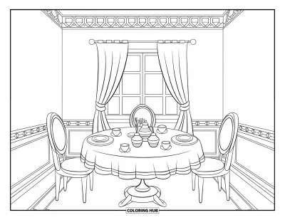 Coloriage de chambre pour enfants : Salle à manger avec table, quatre chaises, assiettes, tasses et fenêtre
