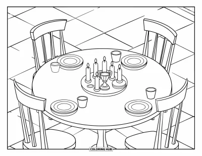 Coloriage de chambre pour enfants : Table de salle à manger avec tasses, bougies et petit trophée au centre