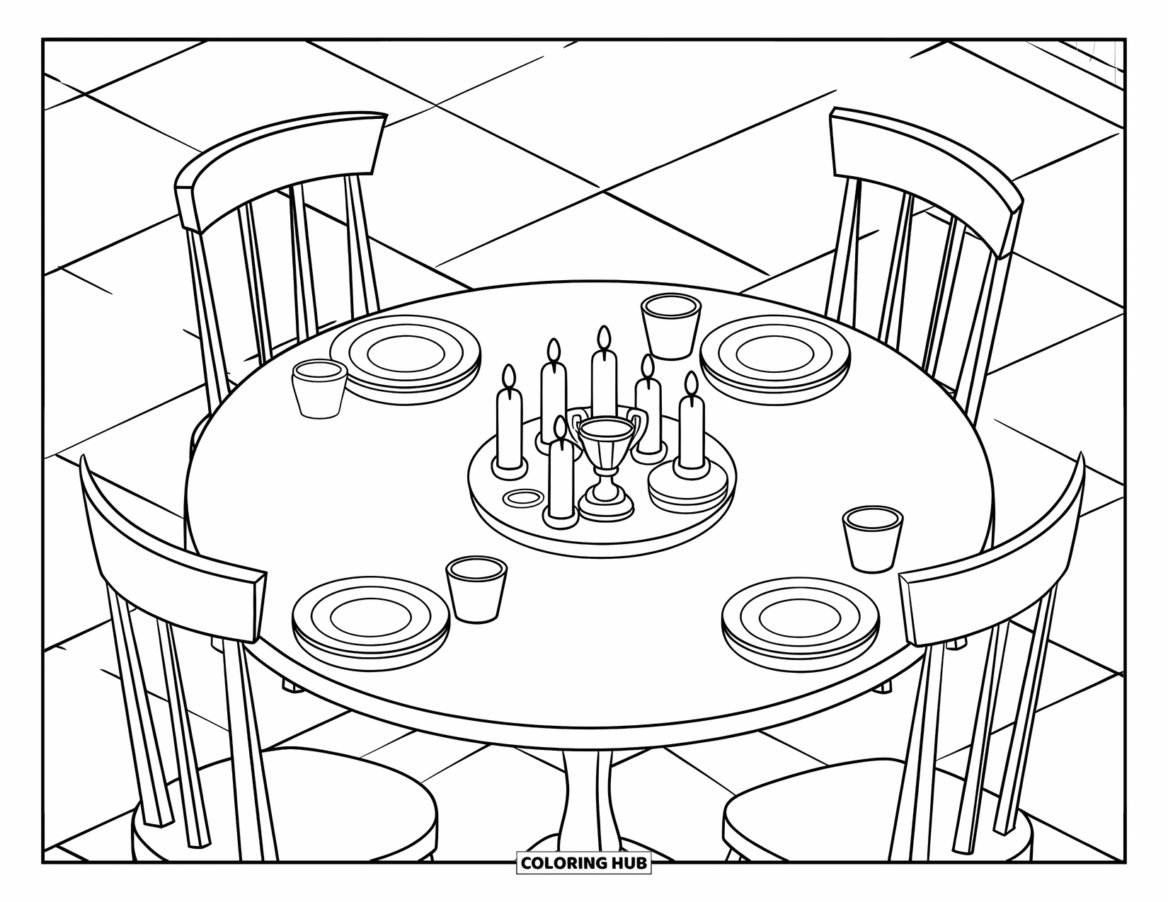 Room Coloring Page for Kids: Dining table with cups, candles, and a small trophy in the center