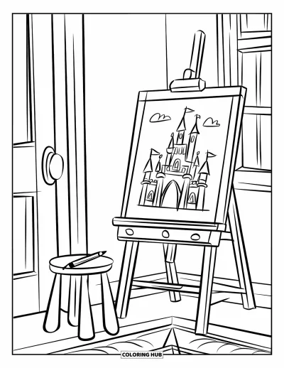 Coloriage de chambre pour enfants : Chevalet, tabouret, crayon et dessin de château sur le mur