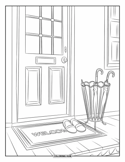 Coloriage de chambre pour enfants : Entrée avec chaussons, porte-parapluie, paillasson et petit tapis