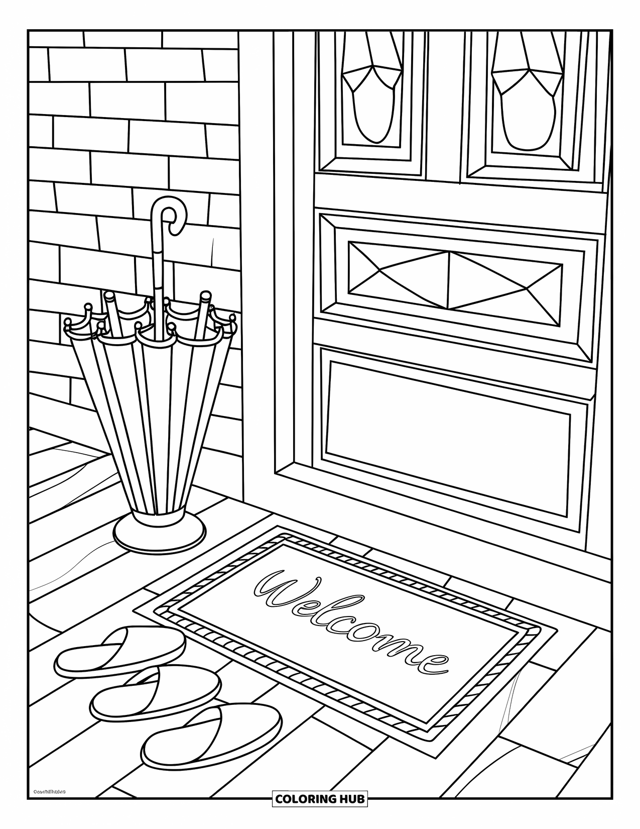 Room Coloring Page for Kids: Entryway with slippers, welcome mat, umbrella stand, brick walls, and wooden floor