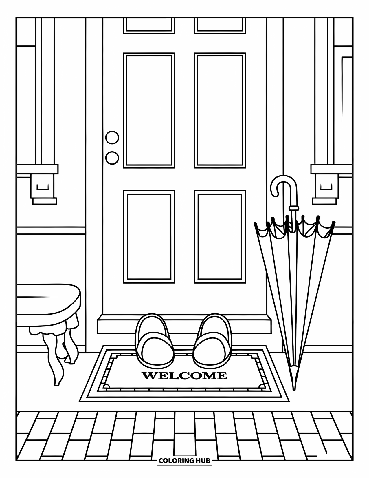 Room Coloring Page for Kids: Front entry with welcome mat, slippers, and an umbrella stand