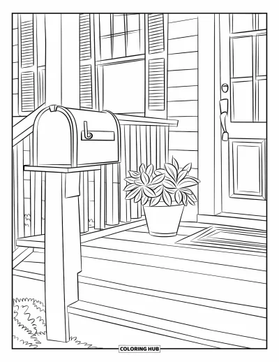 Coloriage de chambre pour enfants : Porche avec boîte aux lettres, paillasson, plante en pot et planches en bois
