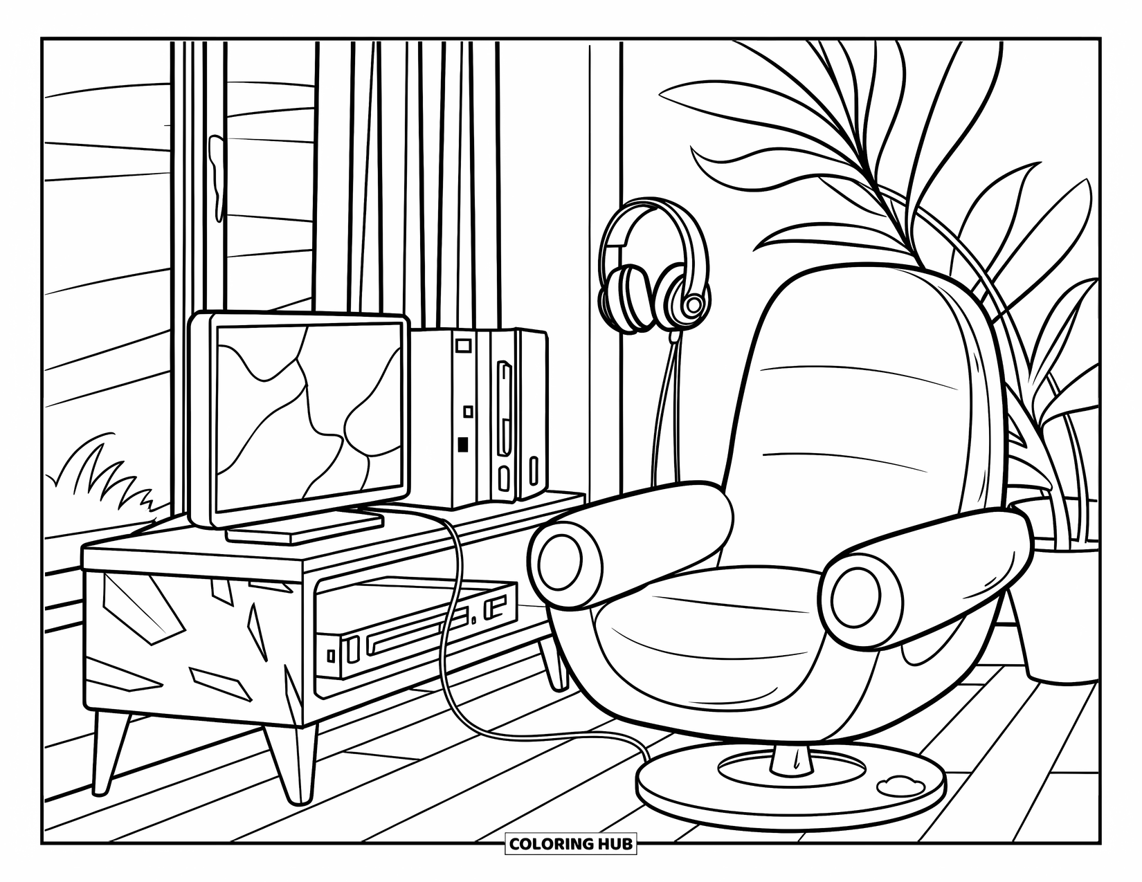 Room Coloring Page for Kids: Gaming nook with console setup, comfy chair, headset, and a serene window view