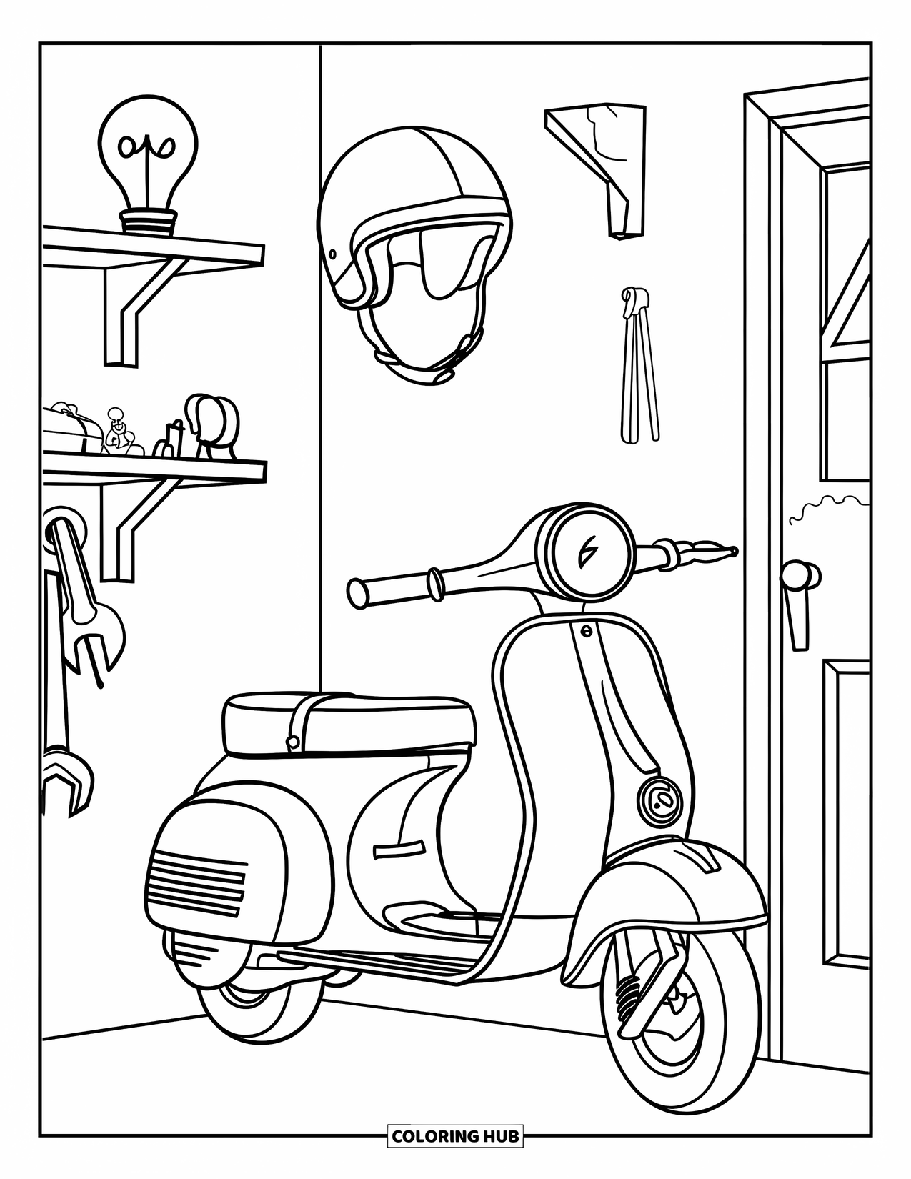 Room Coloring Page for Kids: Garage corner with scooter, helmet on hook, and shelf items