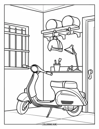 Coloriage de chambre pour enfants : Coin de garage avec trottinette, casque, étagère d'outils et fenêtre à barreaux