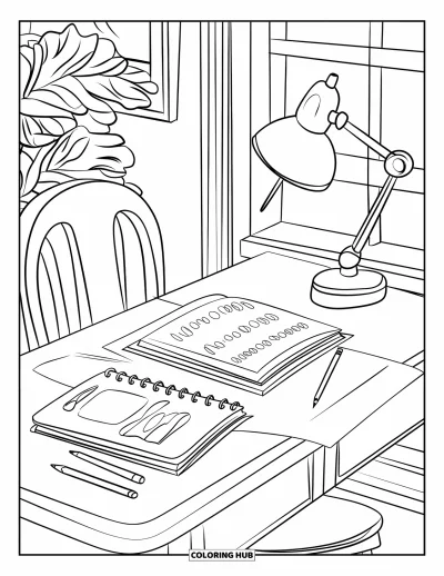 Coloriage de chambre pour enfants : Bureau de devoirs avec chaise, plante, tableau et fenêtre à proximité