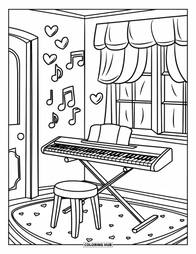 Coloriage de chambre pour enfants : Salle de clavier avec tabouret, fenêtre à rideaux, porte et sol à motifs