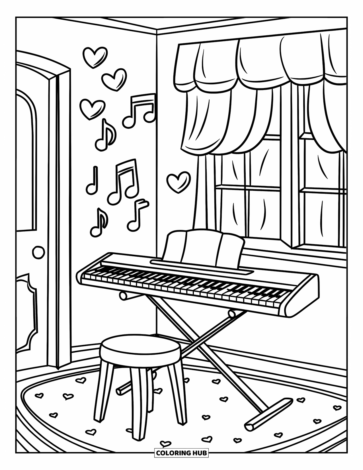Room Coloring Page for Kids: Keyboard room with stool, curtain window, door, and patterned floor