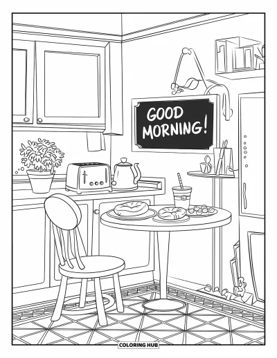 Coloriage de chambre pour enfants : Coin cuisine avec articles de petit-déjeuner, une chaise et un tableau noir avec "Good morning !"
