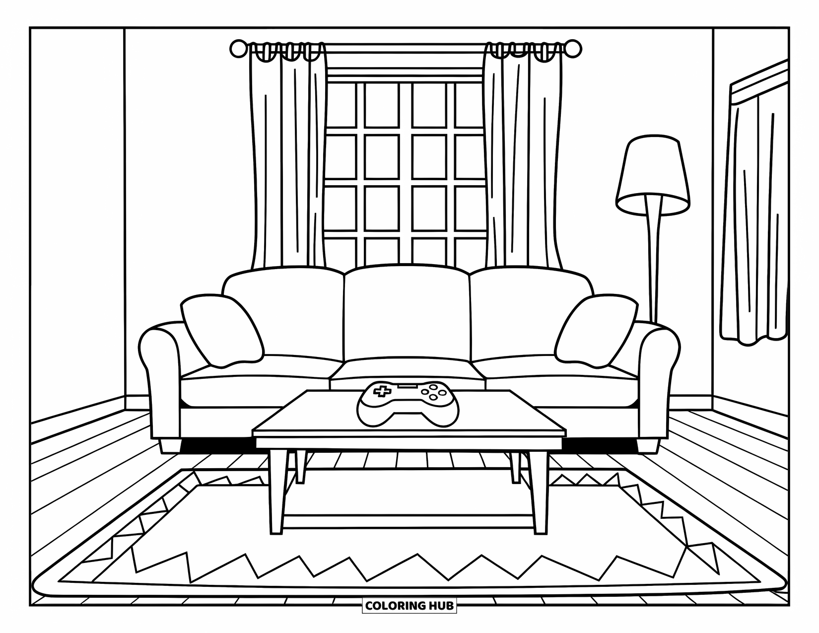 Room Coloring Page for Kids: Living room with couch, game controller, rug, lamp, and a wooden floor