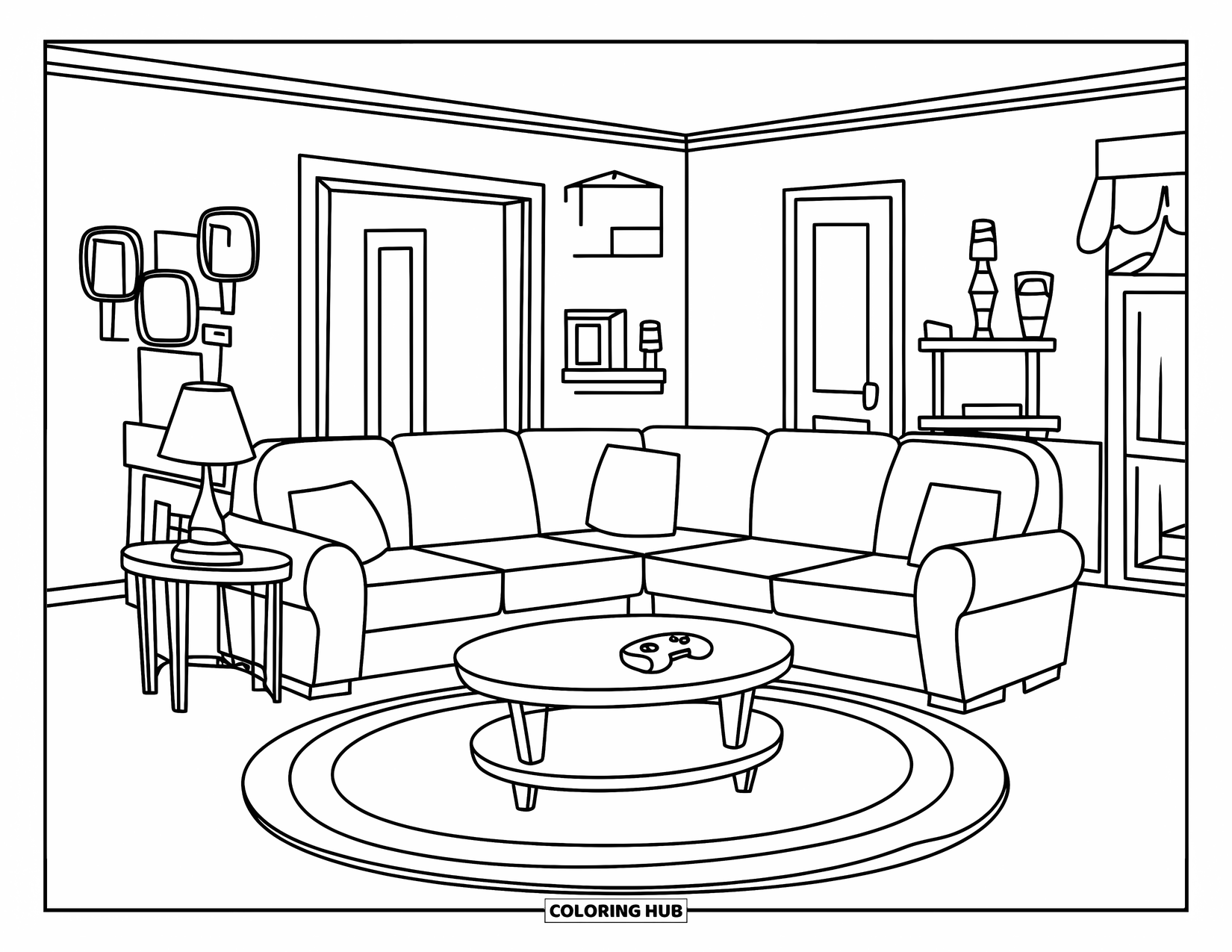 Room Coloring Page for Kids: Living room with couch, side table, decorations, and door to another space