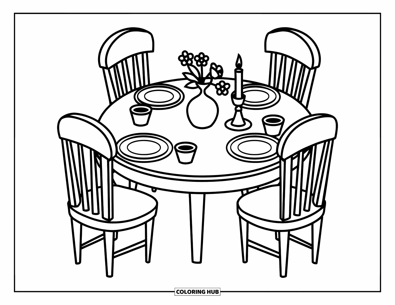 Room Coloring Page for Kids: Meal-ready table with plates, flowers, and a candle centerpiece