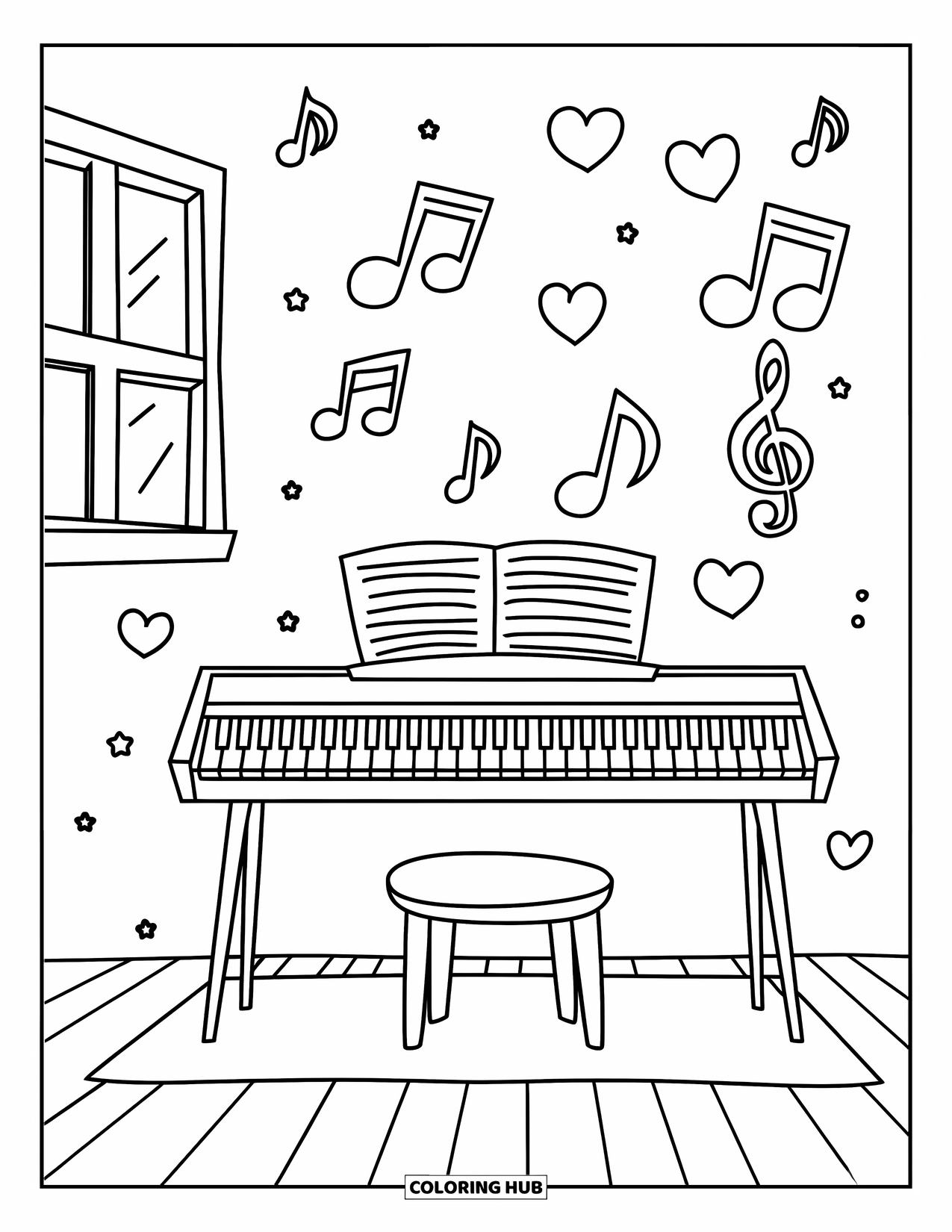 Room Coloring Page for Kids: Music room with keyboard, stool, hearts, and musical notes