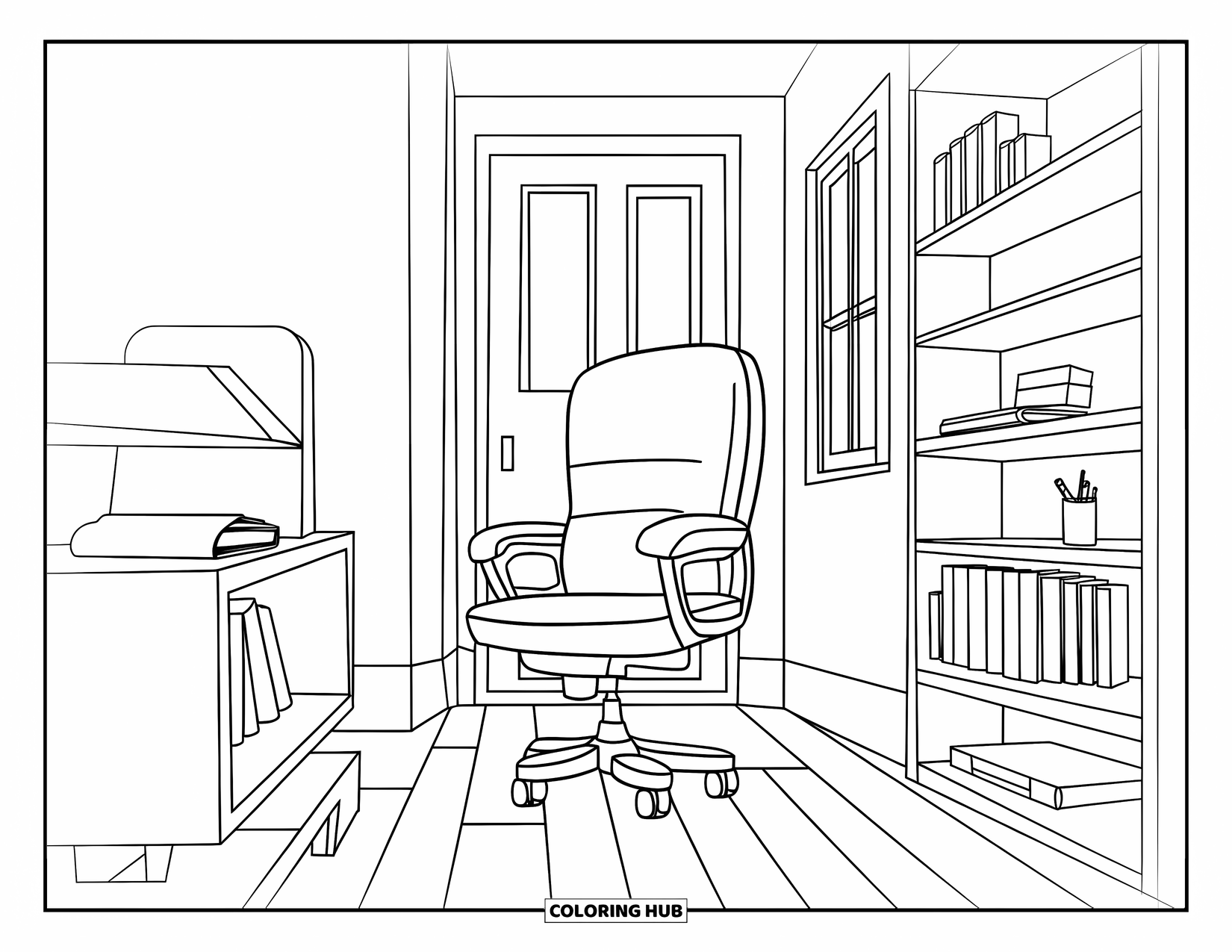 Room Coloring Page for Kids: Office room with a shelf, chair, door, and a few desk items