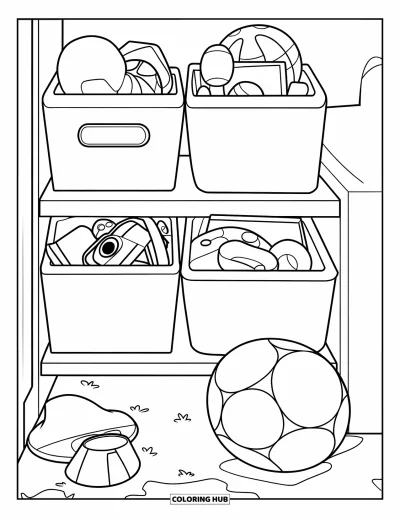 Coloriage de chambre pour enfants : Étagère bien rangée avec bacs à jouets et un grand ballon à côté