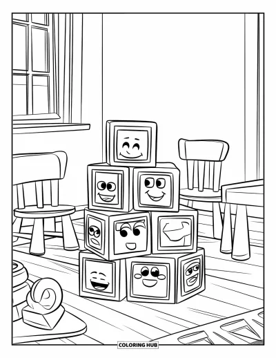Coloriage de chambre pour enfants : Salle de jeux avec cubes en bois, parquet, chaises, jouets et fenêtre