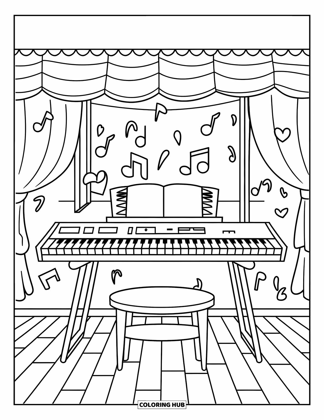 Room Coloring Page for Kids: Practice room with keyboard, stool, floating hearts, and musical notes