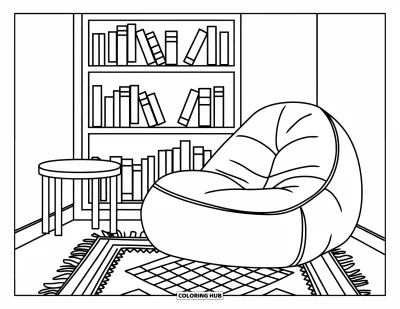 Coloriage de chambre pour enfants : Coin lecture avec pouf, table, bibliothèque et tapis à motifs