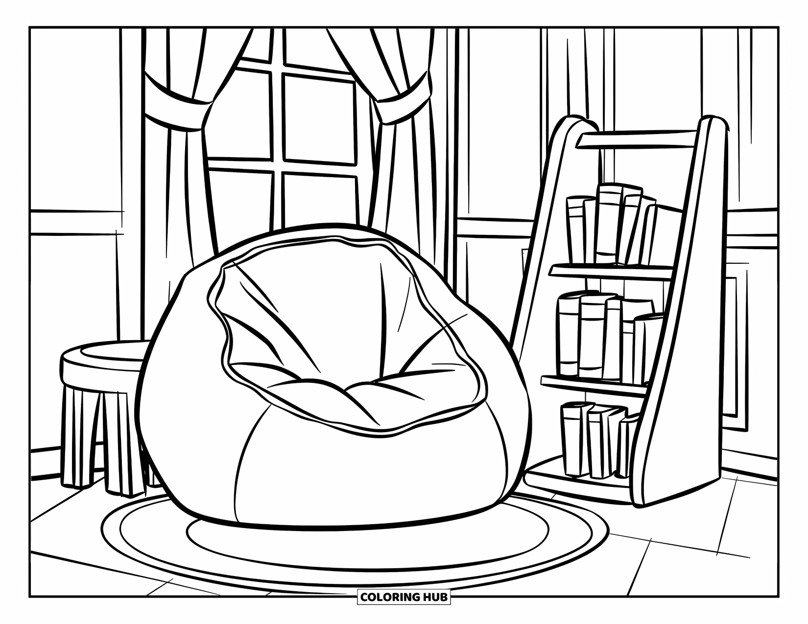 Room Coloring Page for Kids: Reading space with bean bag, table, bookshelf, and a curtained window