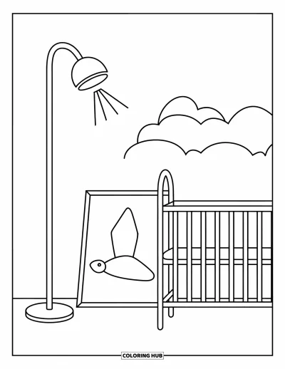 Coloriage de chambre pour enfants : Chambre avec lampadaire, berceau et dessin encadré