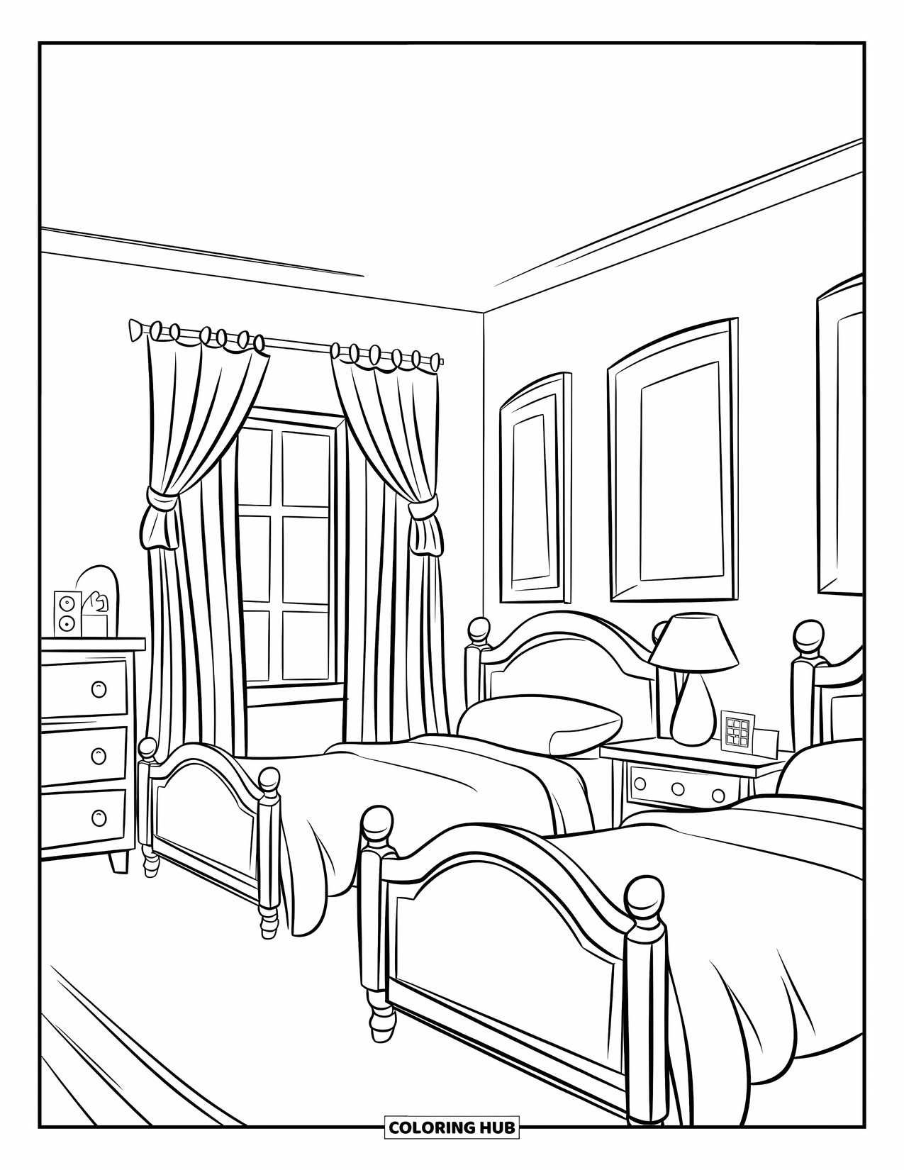 Room Coloring Page for Kids: Shared kids' room with two beds, a dresser, and a curtained window