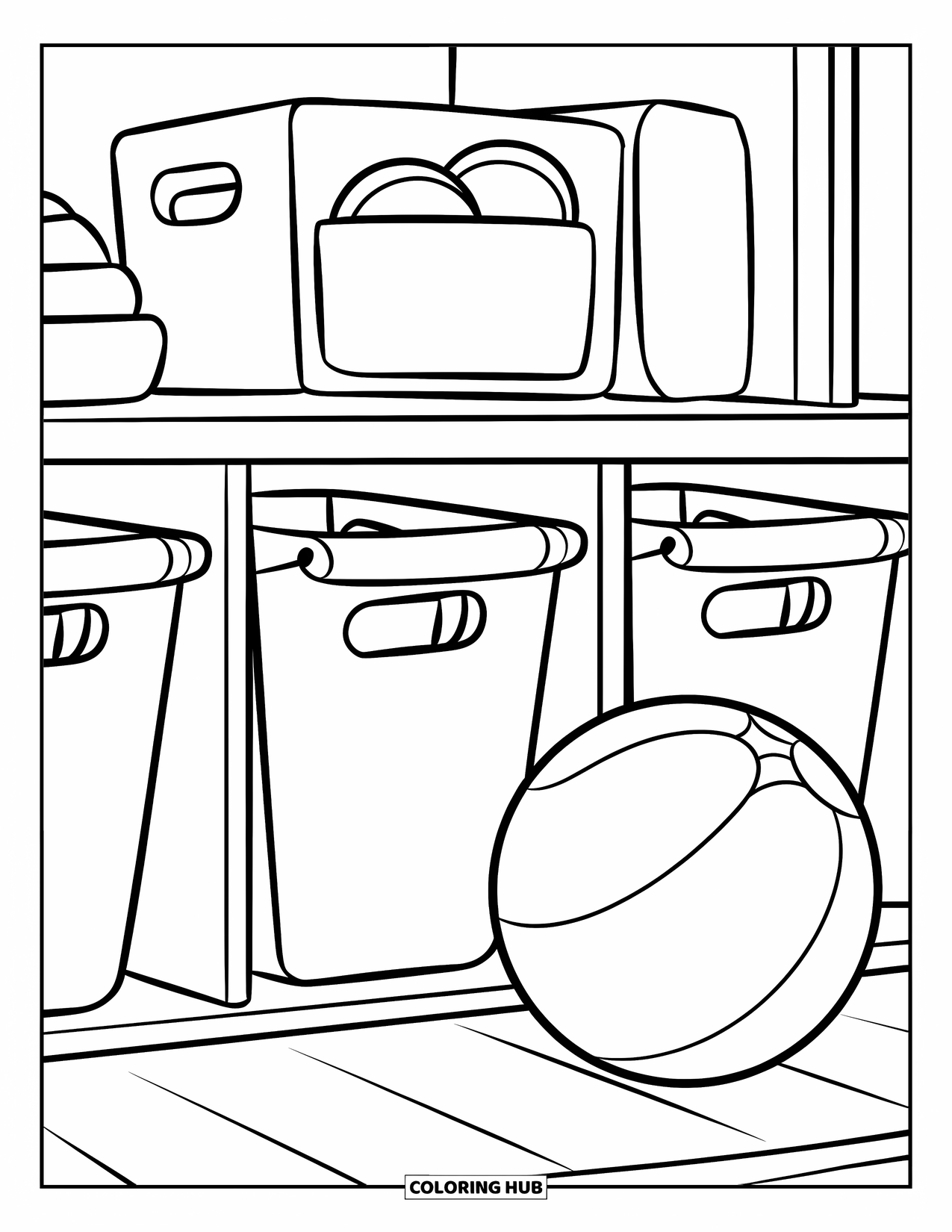 Room Coloring Page for Kids: Shelf with toy bins and a big ball nearby