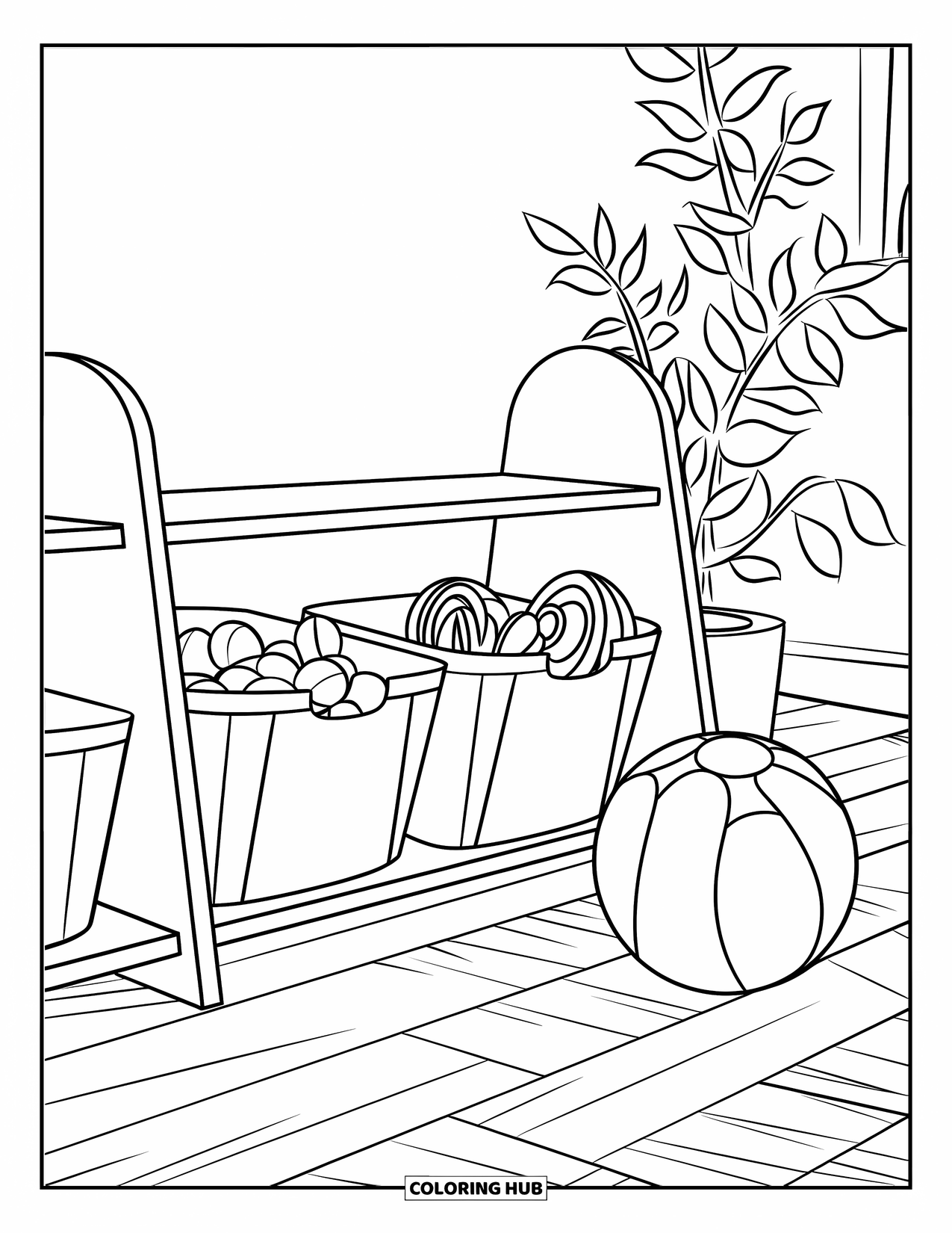 Room Coloring Page for Kids: Shelf with toy bins, wooden floor, big ball, and a plant against the wall