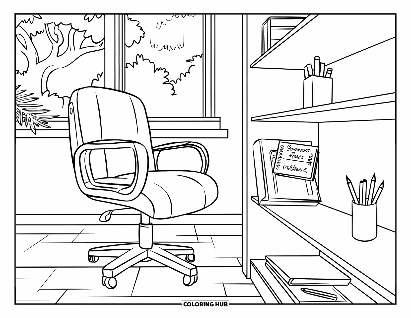 Room Coloring Page for Kids: Side office room with a chair, shelf, window view, and a plant nearby