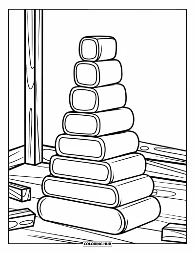 Coloriage de chambre pour enfants : Cubes en bois empilés dans un coin de salle de jeux avec quelques pièces éparpillées