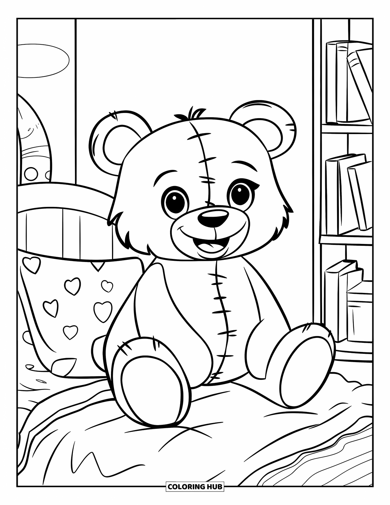 Room Coloring Page for Kids: Teddy bear sitting on a bed in a cozy room with a bookshelf