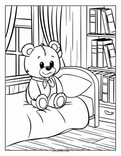 Coloriage de chambre pour enfants : Ours en peluche avec écharpe sur un lit près d'une bibliothèque et d'une fenêtre à rideaux